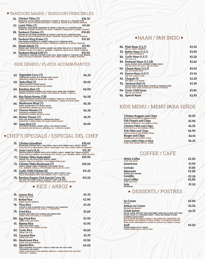 Curry Restaurant menu