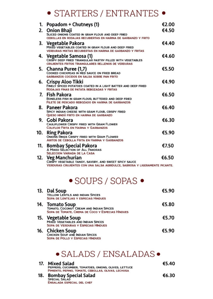 Curry Restaurant menu