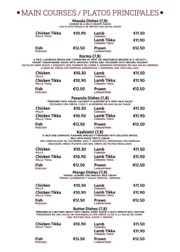 Curry Restaurant menu
