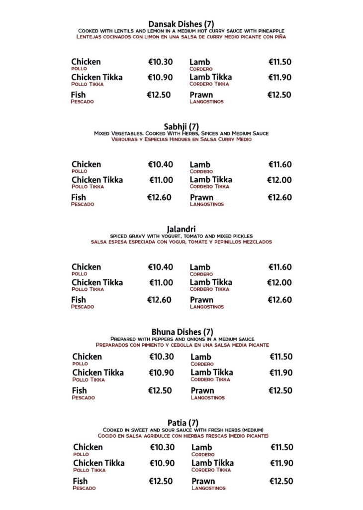 Curry Restaurant menu