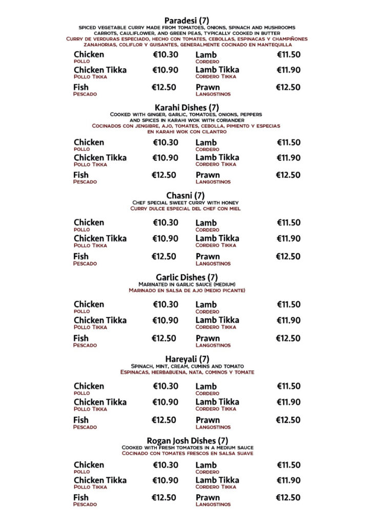 Curry Restaurant menu
