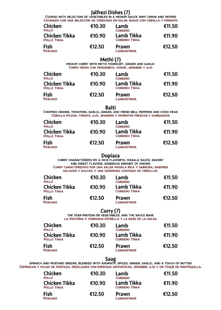 Curry Restaurant menu
