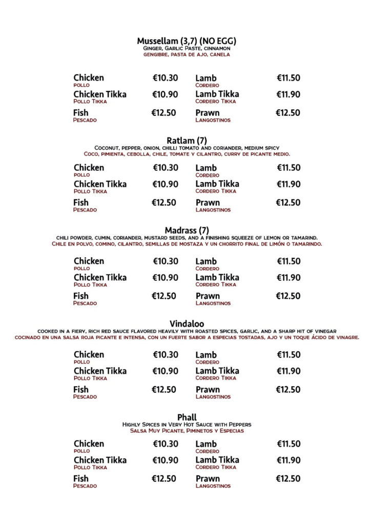 Curry Restaurant menu