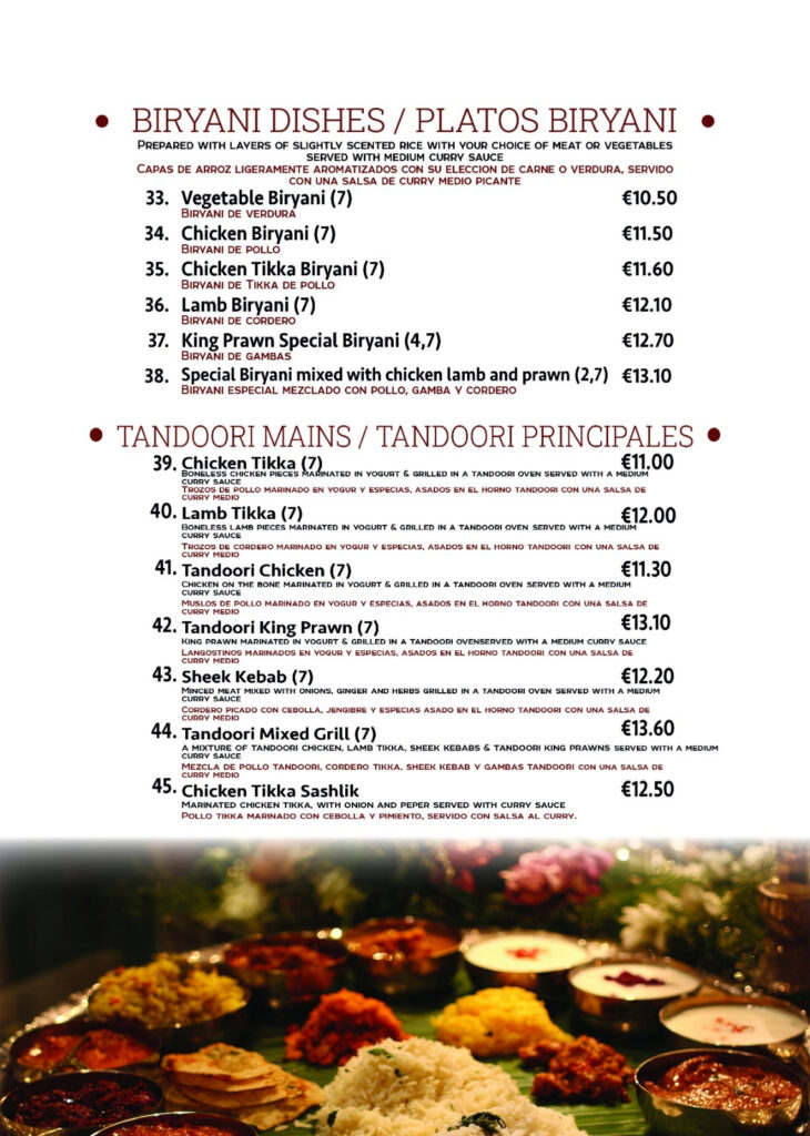 Curry Restaurant menu