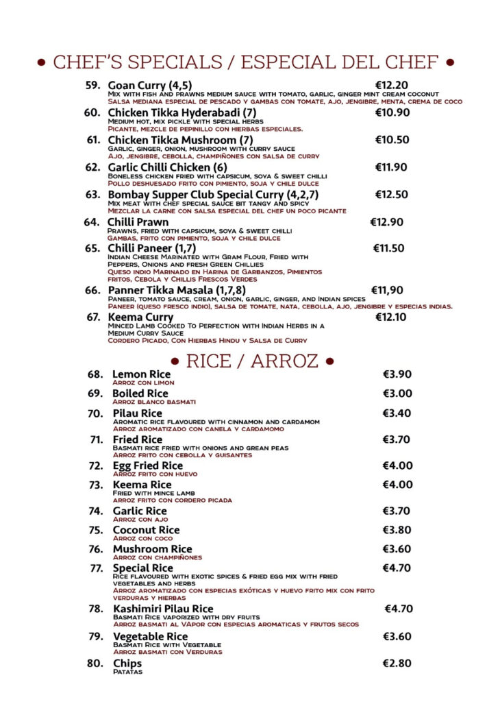 Curry Restaurant menu