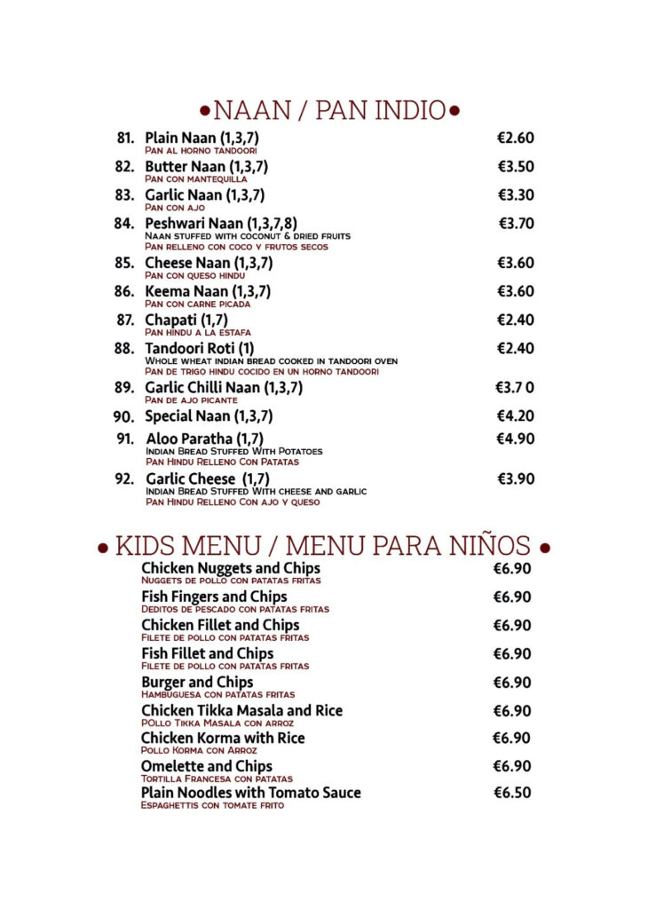 Curry Restaurant menu
